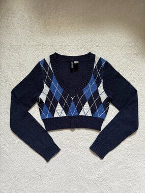 H&M Blue Argyle V-neck Sweater